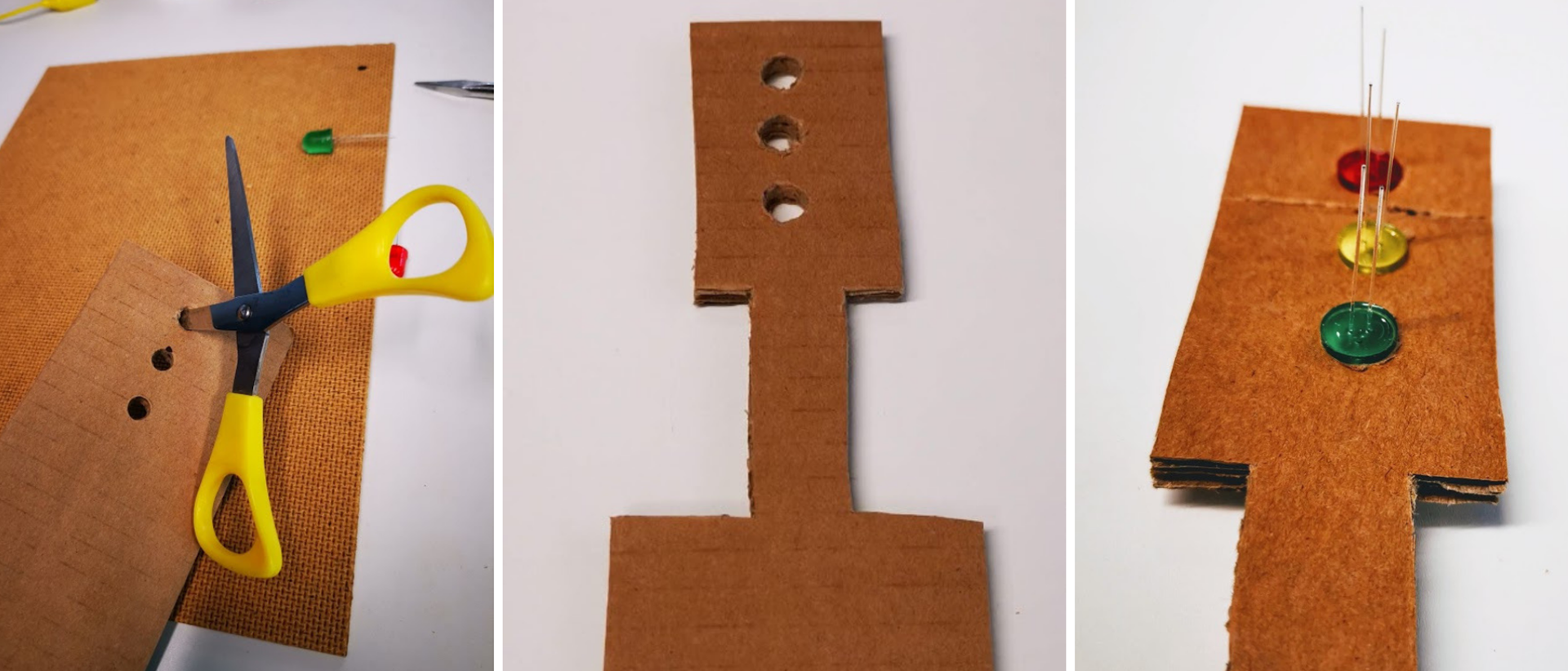 Blideserie viser hvordan det klippes hull i papp for å sette i LED-pærer