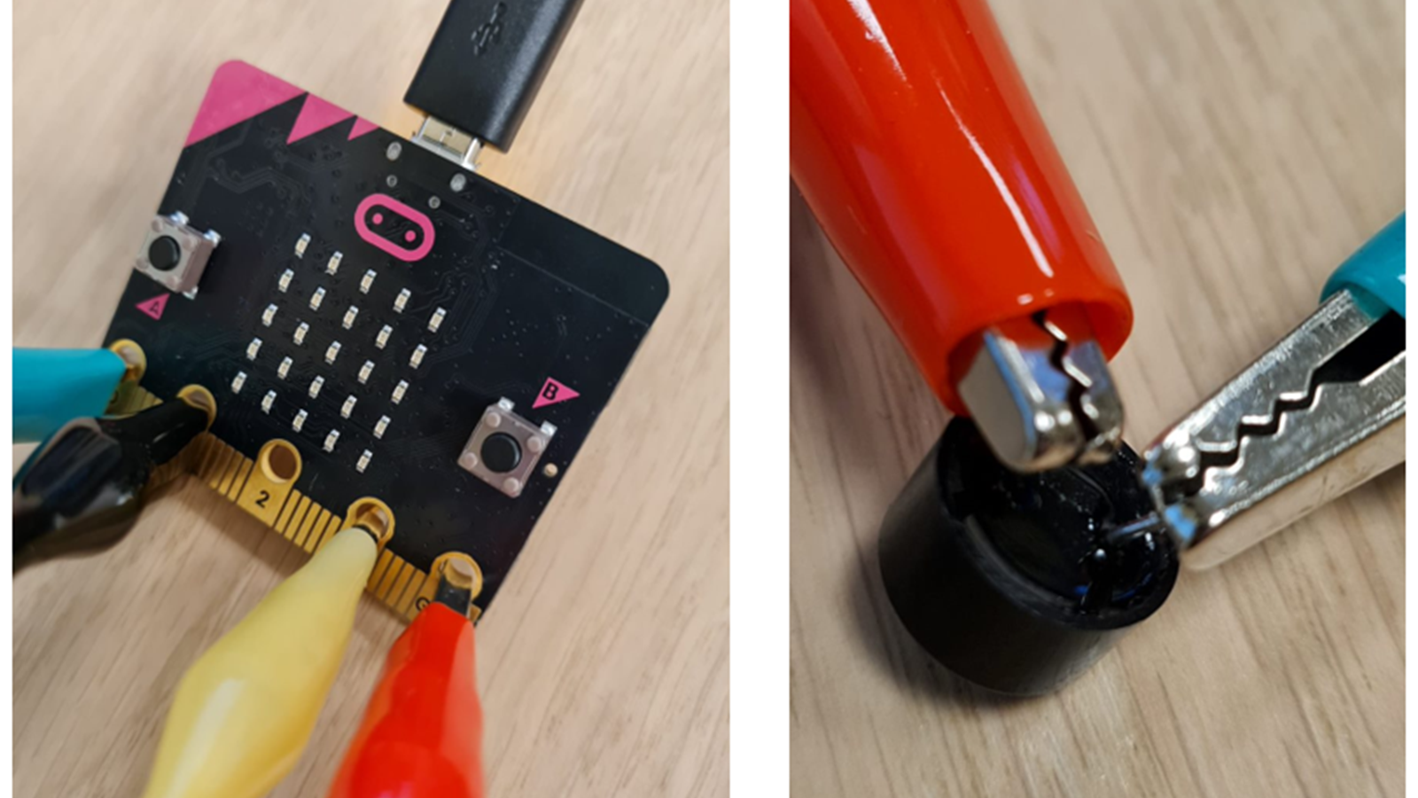micro:bit koblet med krokodilleklemmer til en liten høytaler